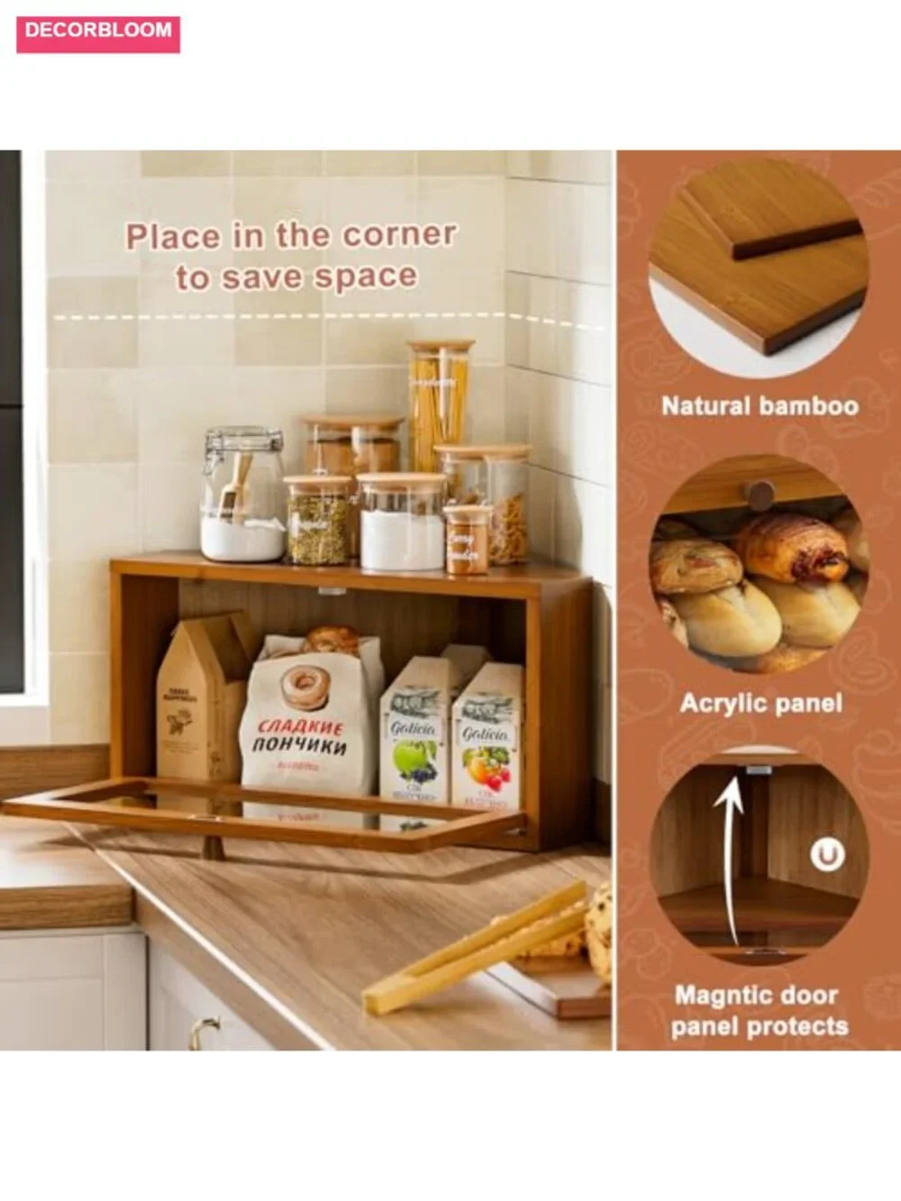 Corner Bamboo Bread Box with Magnetic Lock, Large Capacity Kitchen Countertop